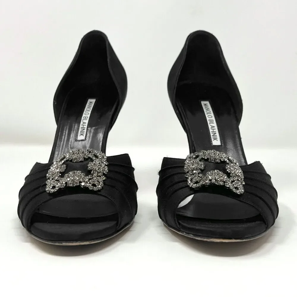 Manolo Blahnik Cassiado Satin Peep Toe Pumps - Size‎ 38.5